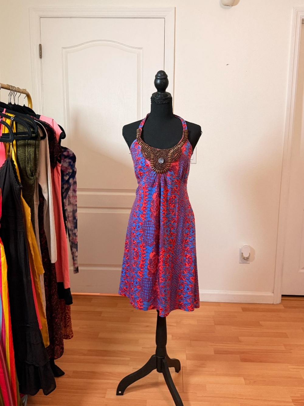 Derek Heart Red Blue Snake Print Halter Dress Beaded Necklace Detail Size M